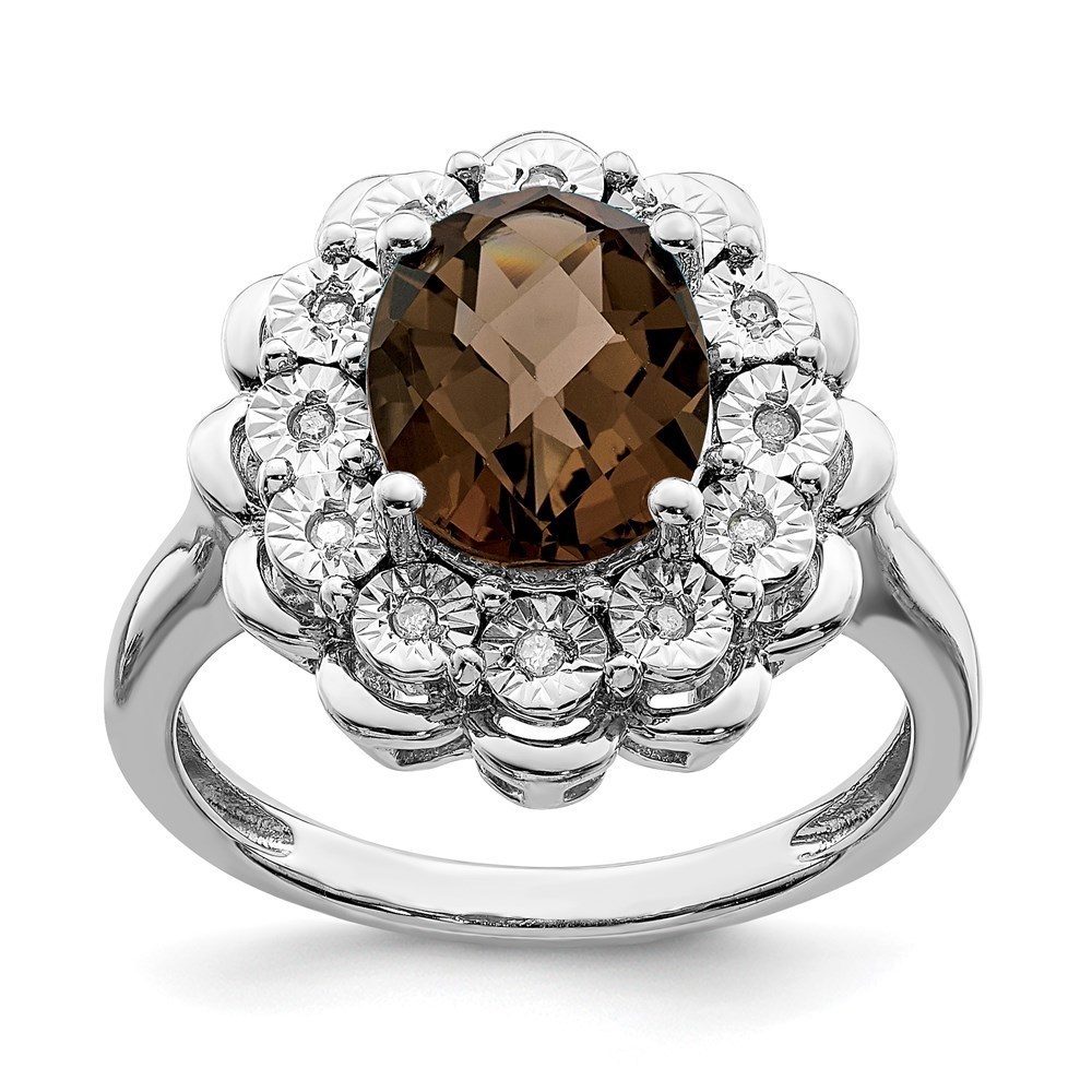 925 Sterling Silver Rhodium Diam. & Oval Checker-Cut Smoky Quartz Ring